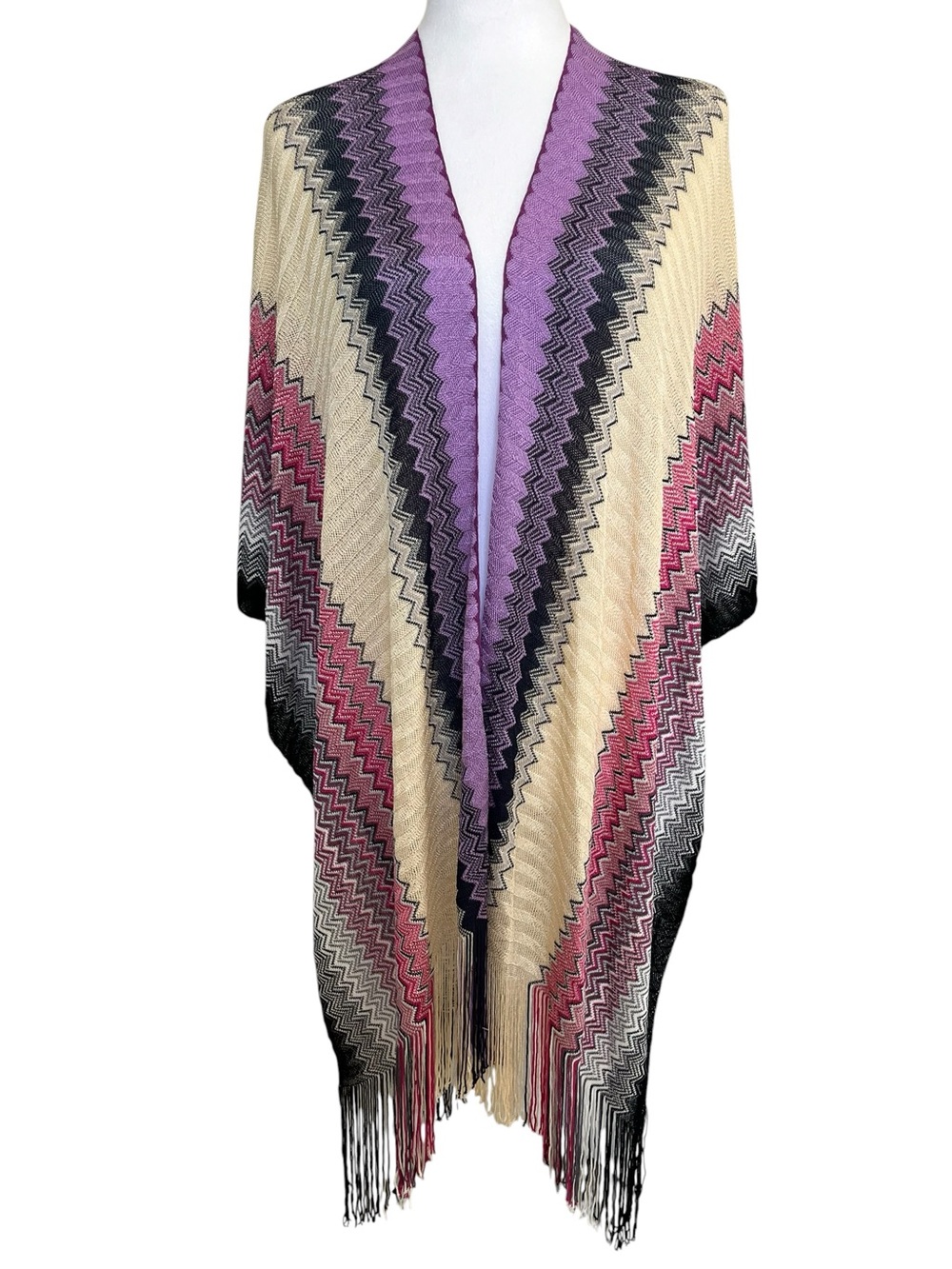 Missoni Chevron Crochet Fringe Poncho Swim Cover Up Wrap Top Purple Cream Pink
